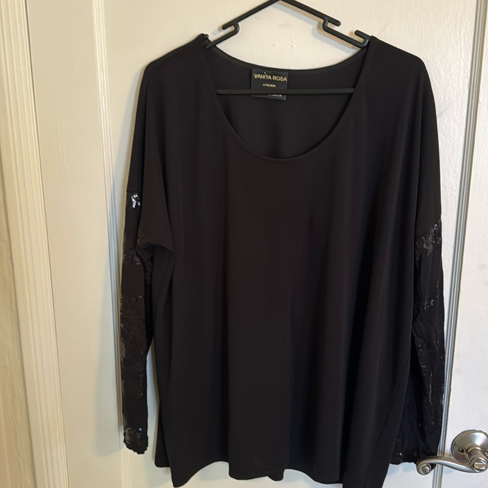 Vanita Rosa Atelier Black Flowy Top with Black Sequined Long Sleeves-Size Large